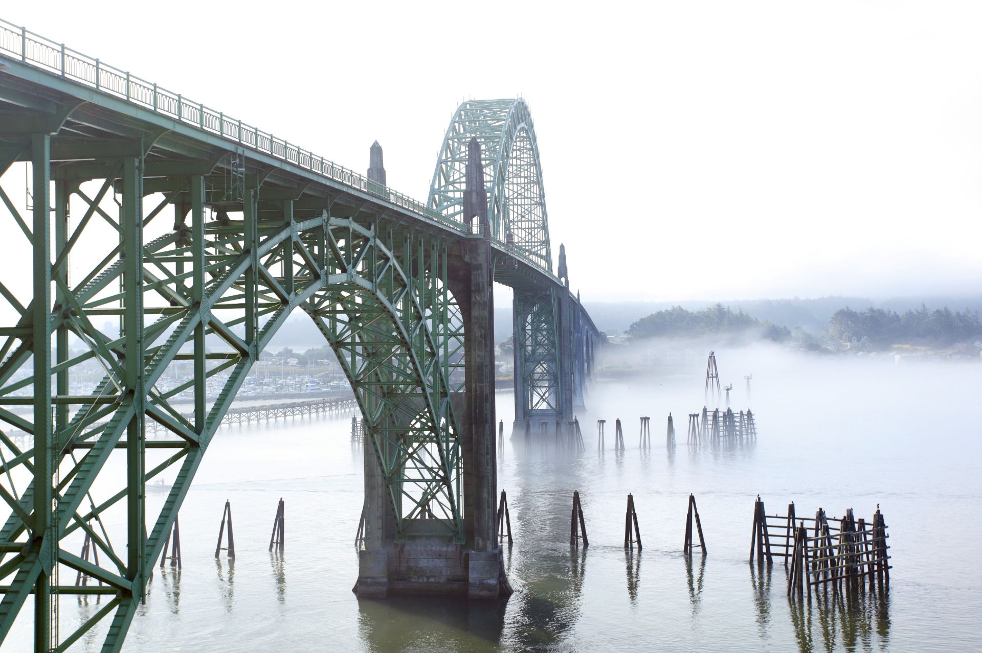A green steel truss bridge spans a misty river, with foggy piers and towering supports visible in the distance.