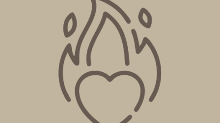 A simple stylized flame with a heart at its base, drawn in brown lines on a beige background.
