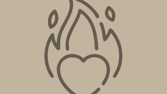 A simple stylized flame with a heart at its base, drawn in brown lines on a beige background.